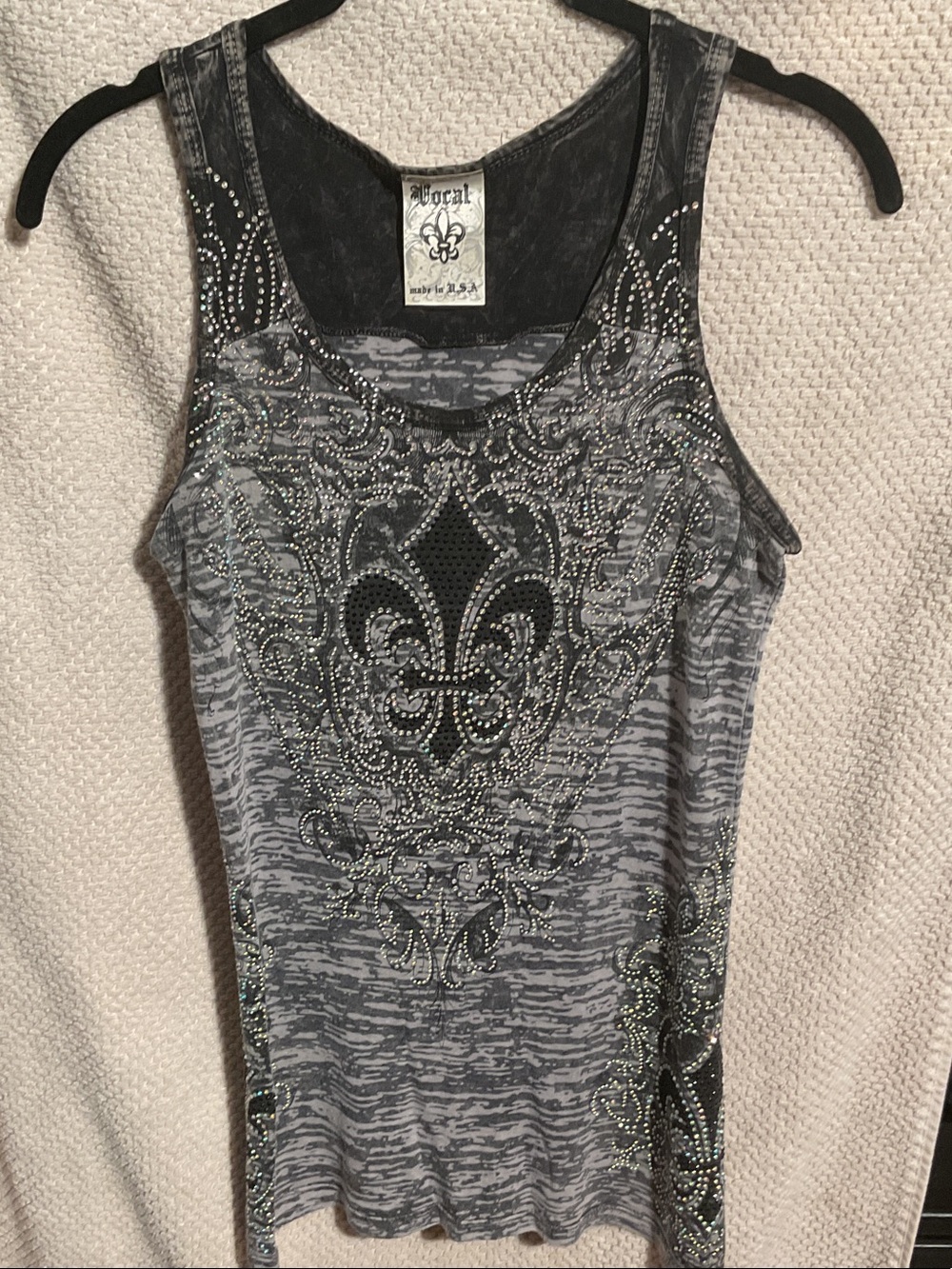 Vocal Gray Rhinestone Fleur-de-Lis Tank Top